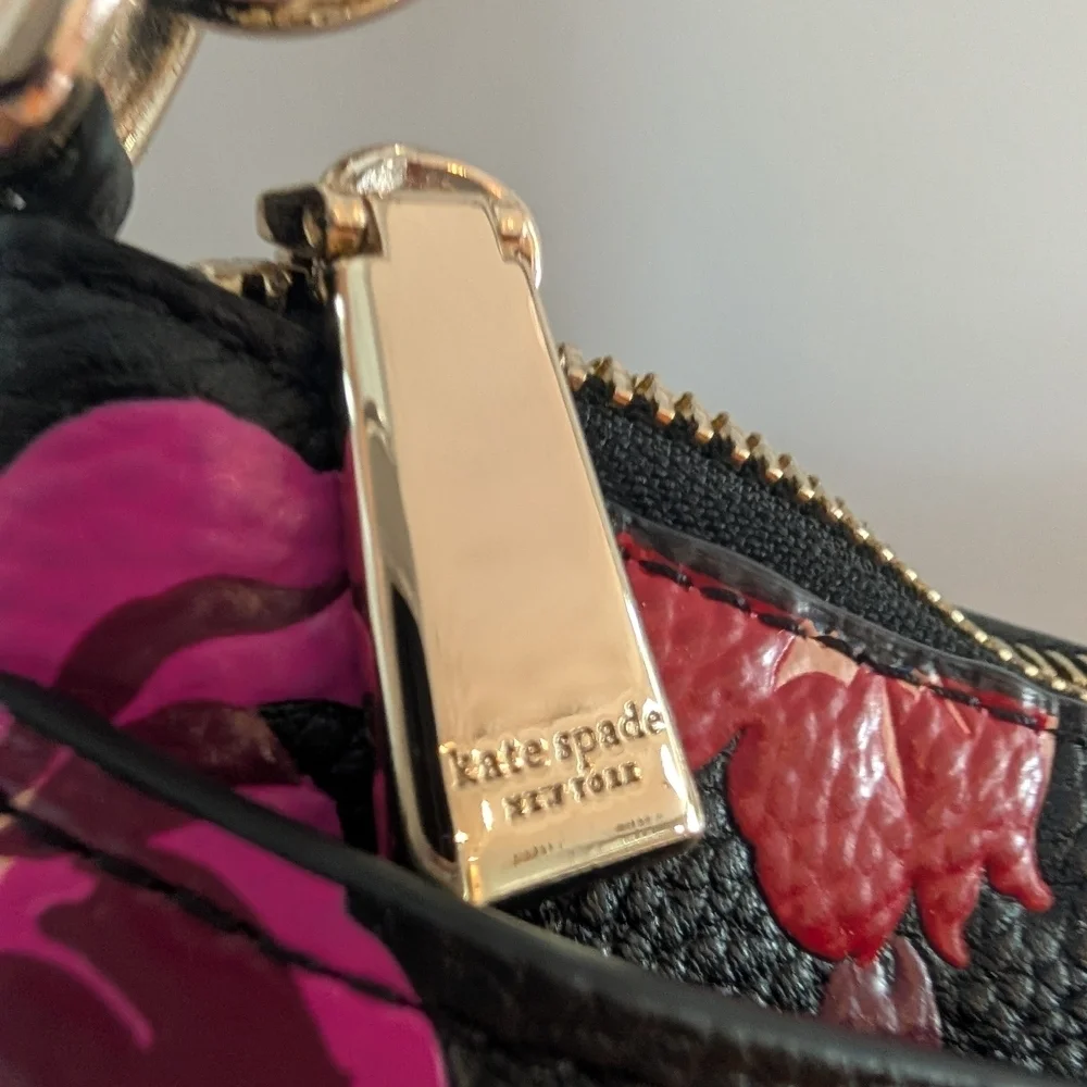 Kate Spade Pebbled Leather Black, Pink & Red Floral Shoulder Bag Poppy Flowers - Picture 4 of 10